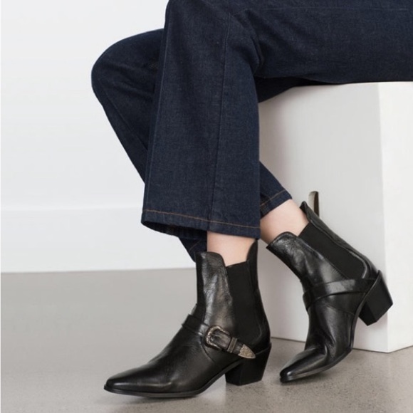 Zara Shoes - Zara Black  Leather Buckled Cowboy Western Ankle Boots Sz 40